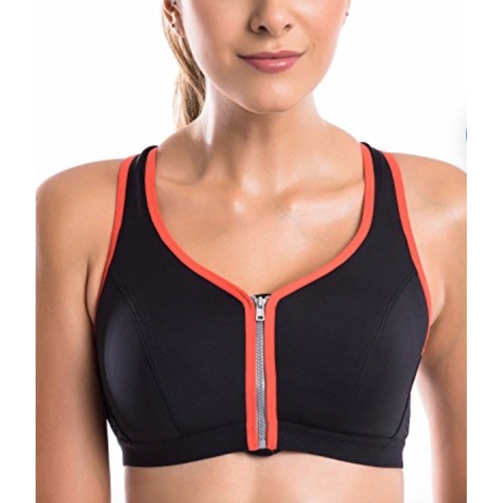 La Isla Sports Bra Size 34B Zip Front Racerback No Padding High Impact Black